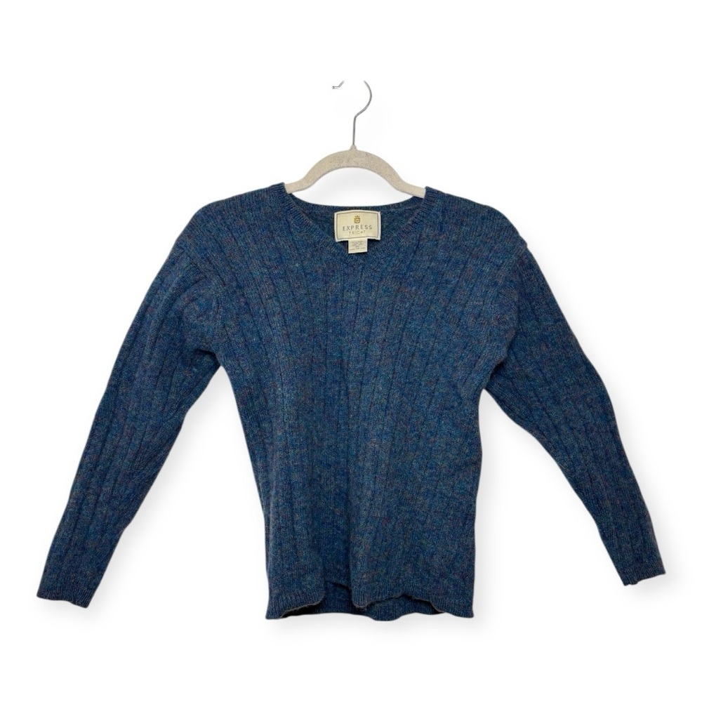 Vintage Express Tricot Blue Wool Ribbed Sweater 80s Classic Prep XS